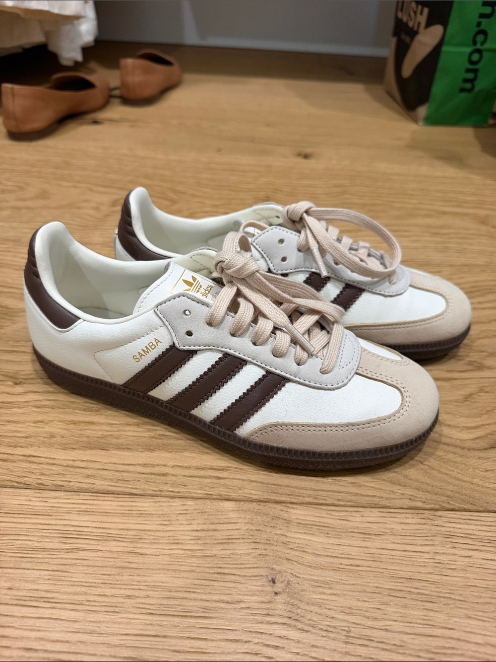 adidas Samba Low-Top Sneakers in White, Brown, and Beige